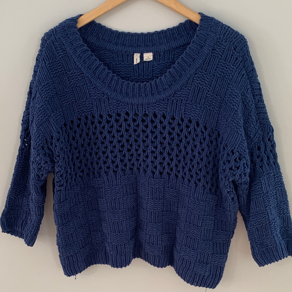 MOTH Anthropologie Crochet Open Knit Relaxed Fit Sweater Navy Blue Size Medium